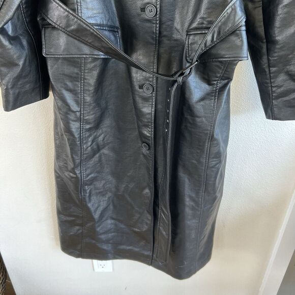 Rebecca Minkoff Mod Trench Coat Long Belted Faux Leather Jacket Size L Lined - Picture 4 of 13